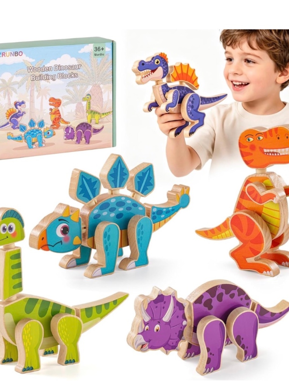 NWT ZRUNBO Wooden Dinosaur Building Blocks 40-Piece Mix & Match Set